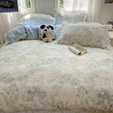 Blue Floral Ruffle Duvet Cover Set Queen 4Pcs