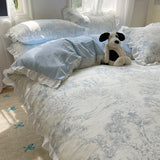 Blue Floral Ruffle Duvet Cover Set Queen 4Pcs