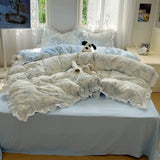 Blue Floral Ruffle Duvet Cover Set Queen 4Pcs