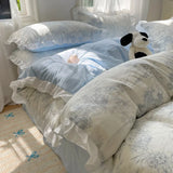 Blue Floral Ruffle Duvet Cover Set Queen 4Pcs
