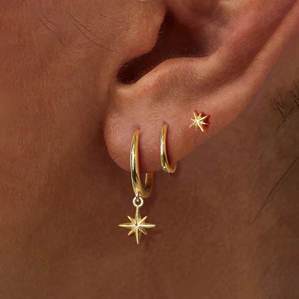 Fashion Stainless Steel Star Drop Earrings Set - 3 Piece