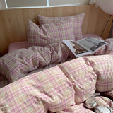 Pink Striped Plaid Duvet Cover Set with 2 Pillowcases