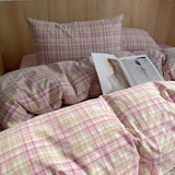 Pink Striped Plaid Duvet Cover Set with 2 Pillowcases