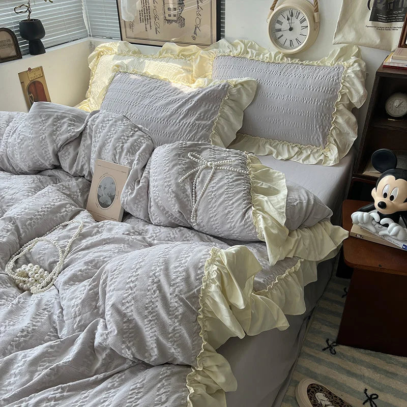 Pink Korean Princess Lace Ruffles Bedding Set 4 Pcs