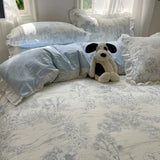 Blue Floral Ruffle Duvet Cover Set Queen 4Pcs