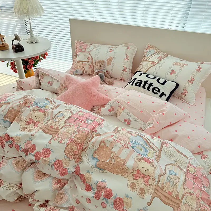 Korean Pink Bedding Set With Kawaii Bear Floral - 3pcs