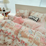 Korean Pink Bedding Set With Kawaii Bear Floral - 3pcs