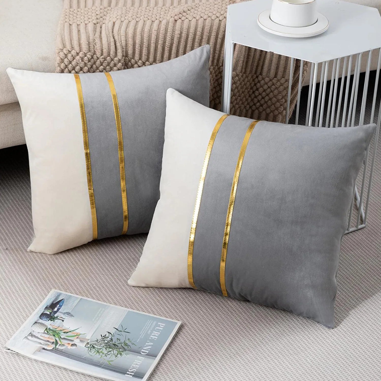 Blue Velvet Gold Bar Cushion Case Set of 2