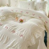 Korean Style Bed Set with Flower Embroidery, 4 pcs
