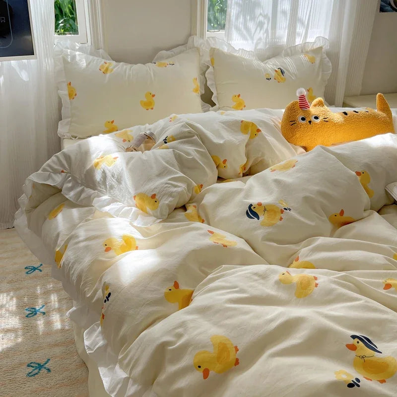 Blue Floral Ruffle Duvet Cover Set Queen 4Pcs
