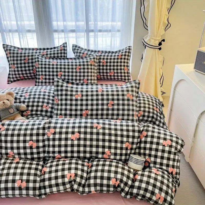 Pink Plaid Duvet Cover Set Kawaii Bowknot 4pcs