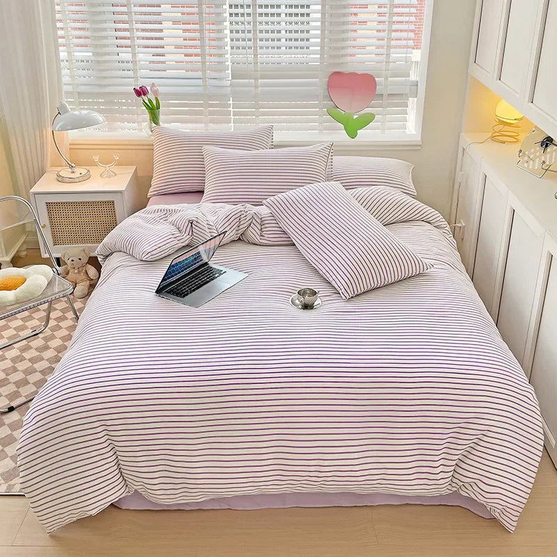 Soft Pink Stripe Queen Duvet Cover Set, 4pcs