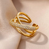 Fashion Gold Color Stainless Steel Ring with Crystal Zircon