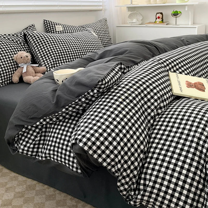 Nordic Plaid Wash Cotton Bedding Set, 4 Pcs