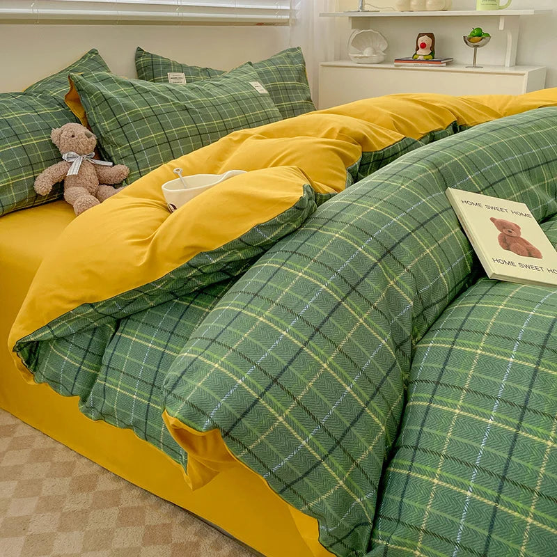 Nordic Plaid Wash Cotton Bedding Set, 4 Pcs