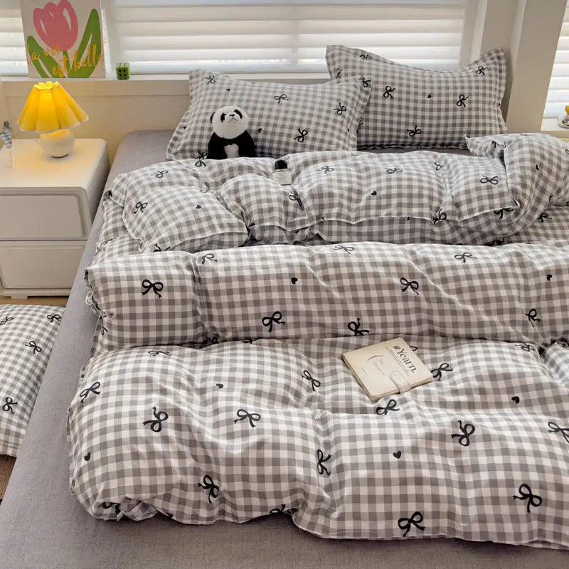 Pink Plaid Duvet Cover Set Kawaii Bowknot 4pcs