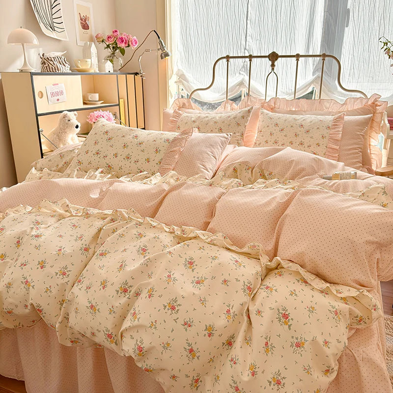 Korean Lace 100% Cotton Duvet Cover Set, 3pcs