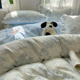 Blue Floral Ruffle Duvet Cover Set Queen 4Pcs