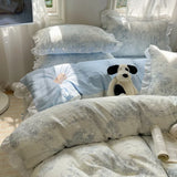 Blue Floral Ruffle Duvet Cover Set Queen 4Pcs
