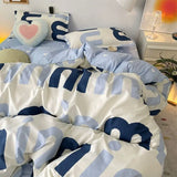 Korean Style Blue Letter Bedding Set for All Sizes 4 pcs