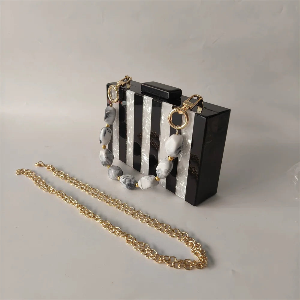 White Marble Black Striped Acrylic Box Clutch Handbag