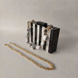 White Marble Black Striped Acrylic Box Clutch Handbag