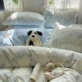 Blue Floral Ruffle Duvet Cover Set Queen 4Pcs