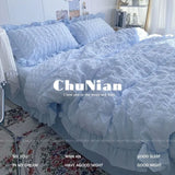 Kawaii INS Girl Blue Bedding Set with Ruffles 4 pcs