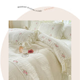 Korean Style Bed Set with Flower Embroidery, 4 pcs