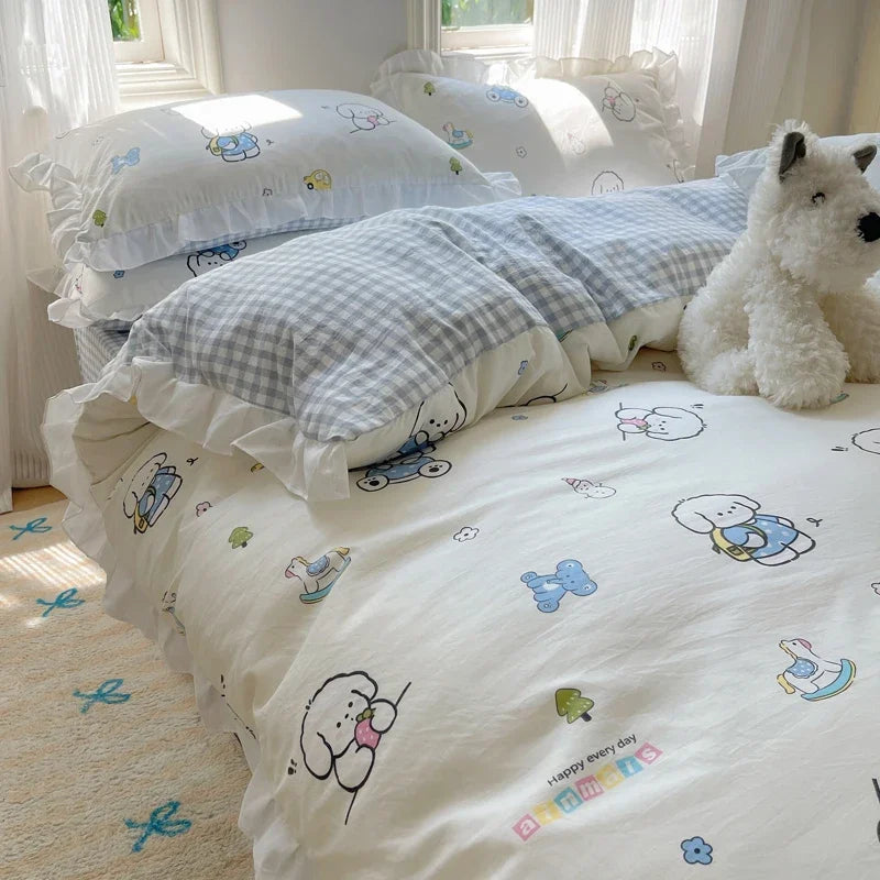 Blue Floral Ruffle Duvet Cover Set Queen 4Pcs