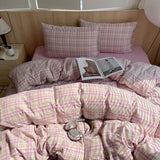 Pink Striped Plaid Duvet Cover Set with 2 Pillowcases