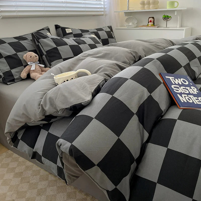 Nordic Plaid Wash Cotton Bedding Set, 4 Pcs