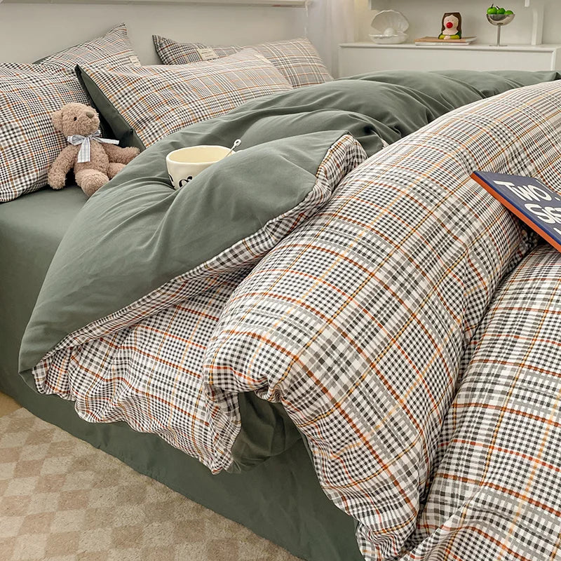 Nordic Plaid Wash Cotton Bedding Set, 4 Pcs