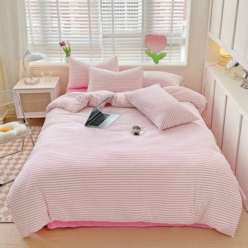 Soft Pink Stripe Queen Duvet Cover Set, 4pcs