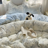 Blue Floral Ruffle Duvet Cover Set Queen 4Pcs