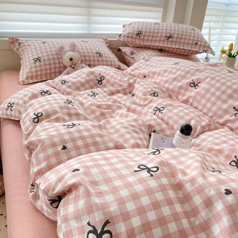 Pink Plaid Duvet Cover Set Kawaii Bowknot 4pcs