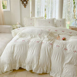 Korean Style Bed Set with Flower Embroidery, 4 pcs
