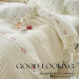 Korean Style Bed Set with Flower Embroidery, 4 pcs