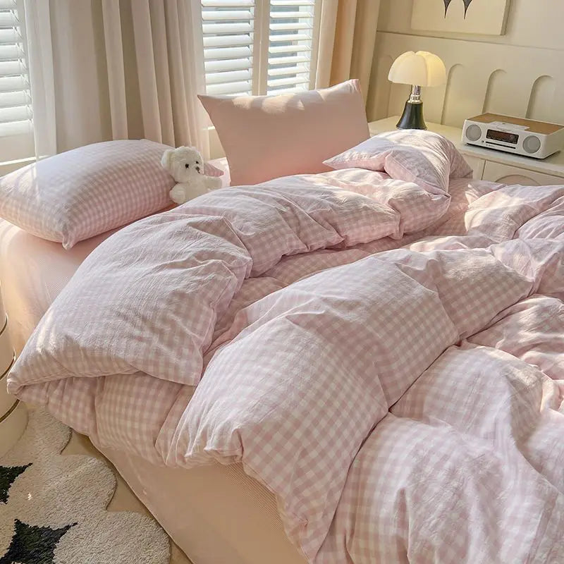 Simple Bedding Set Plaid Queen Duvet Cover Kit 4pcs