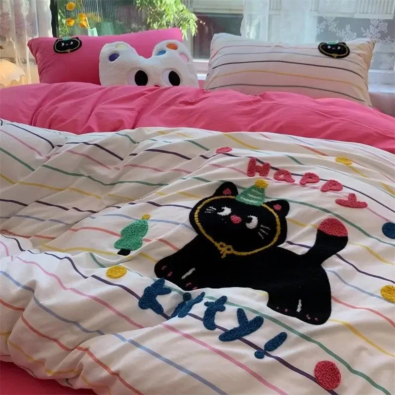 Korean Style Bedding Set with Black Cat Embroidery 4 pcs