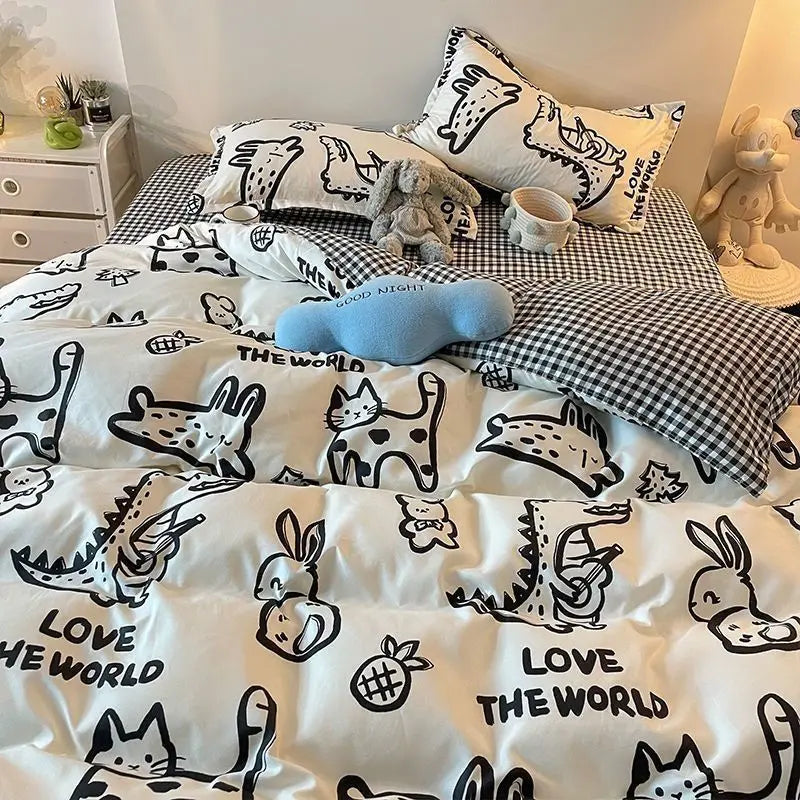 Korean Style Blue Letter Bedding Set for All Sizes 4 pcs