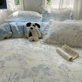 Blue Floral Ruffle Duvet Cover Set Queen 4Pcs