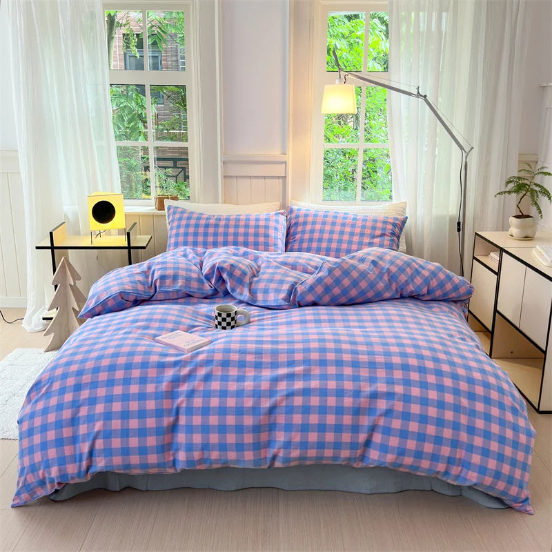 Colorful Cotton Plaid Duvet Cover Set, 3 Pcs