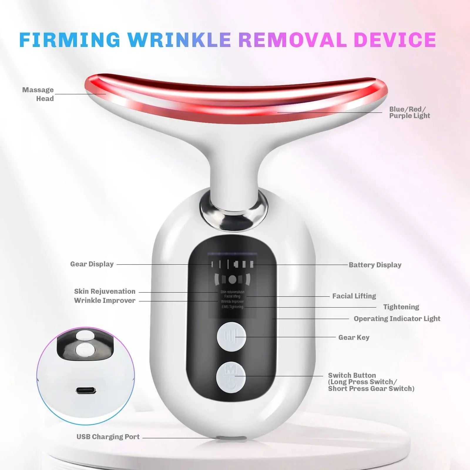 EMS Face Neck Lift Beauty Device Facial Massager Red Light Therapy Double Chin Remover Skin Rejuvenation Tightening Anti Wrinkle - Clean Vanilla