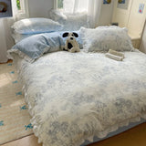 Blue Floral Ruffle Duvet Cover Set Queen 4Pcs