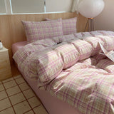 Pink Striped Plaid Duvet Cover Set with 2 Pillowcases