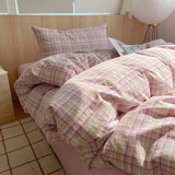 Pink Striped Plaid Duvet Cover Set with 2 Pillowcases