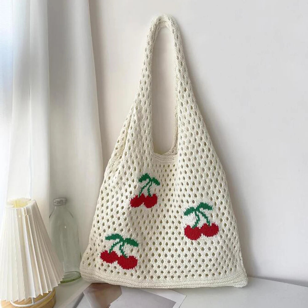 Cute Strawberry Cherry Crochet Tote Bag for Women