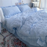 Kawaii INS Girl Blue Bedding Set with Ruffles 4 pcs