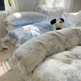 Blue Floral Ruffle Duvet Cover Set Queen 4Pcs